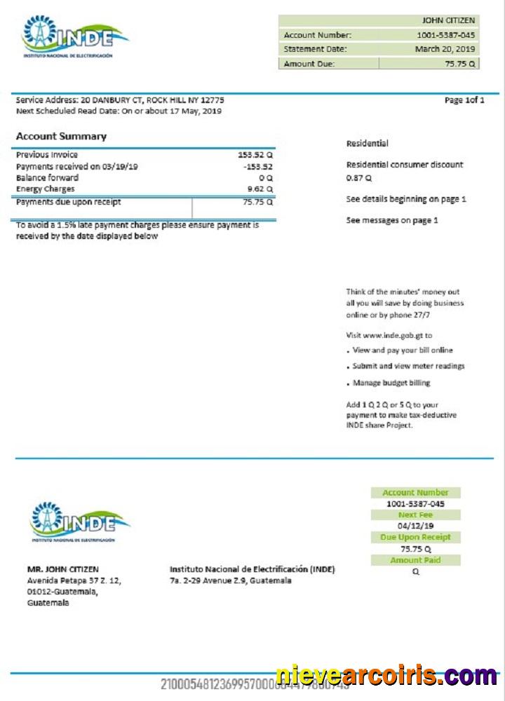 Guatemala INDE Instituto Nacional de Electrificación electricity utility bill